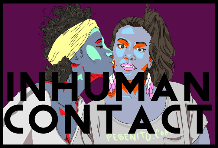 colorized illustration of a girl kissing another girl on the cheek